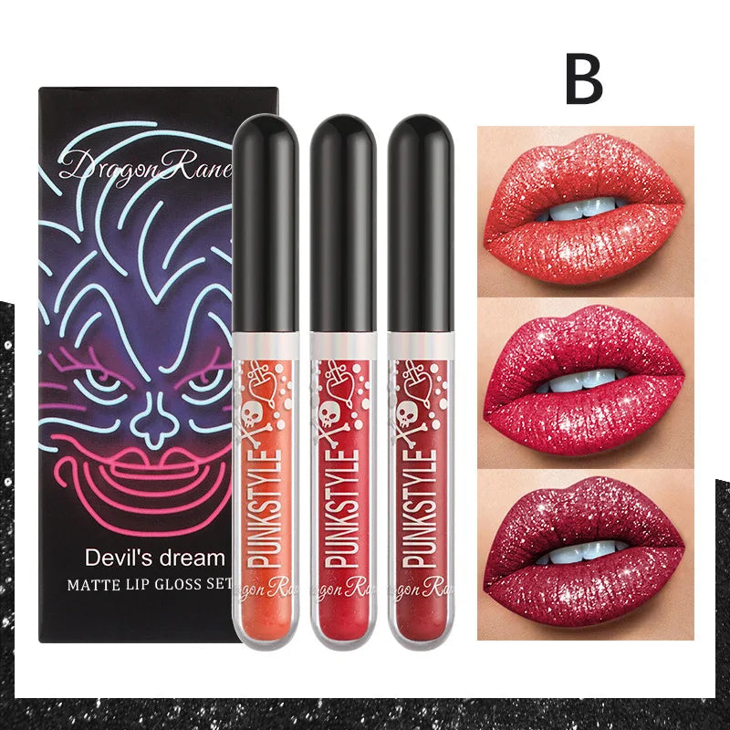 3pcs Glitter Lipstick Set Waterproof Sexy Blue Purple Black Lip Gloss Shiny Lip Tint Halloween Lip Makeup Tool Korean Cosmetics B Set