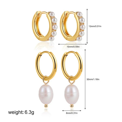 2 Pair/Set Fashion Stainless Steel Imitation Pearls Dangle Hoop Earrings for Women Dainty 18k Gold Plated Hoops Vintage Jewelry T276