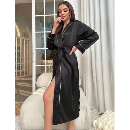 V-Neck Bridesmaid Kimono Dressing Gown Bridal Robe Sleepwear Women Nightgown Nightdress Loose Bathrobe Summer Nightwear Lingerie black