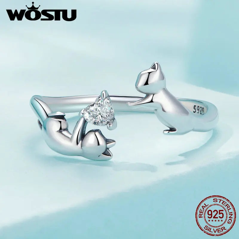 WOSTU 925 Sterling Silver Cat Pet Adjustable Rings For Women Animal Dog Open Ring Family Daughter Birthday Jewelry Girl Gift