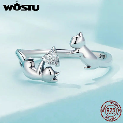 WOSTU 925 Sterling Silver Cat Pet Adjustable Rings For Women Animal Dog Open Ring Family Daughter Birthday Jewelry Girl Gift