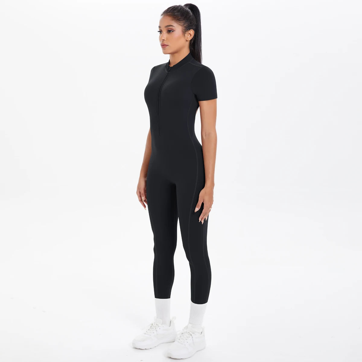 Short Sleeved Fitness Jumpsuit for Woman Bodysuits Backless Solid Color Scrunch One-Piece Suit Half Zipper Gym Yoga Sets Womens