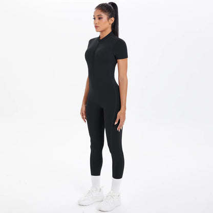 Short Sleeved Fitness Jumpsuit for Woman Bodysuits Backless Solid Color Scrunch One-Piece Suit Half Zipper Gym Yoga Sets Womens