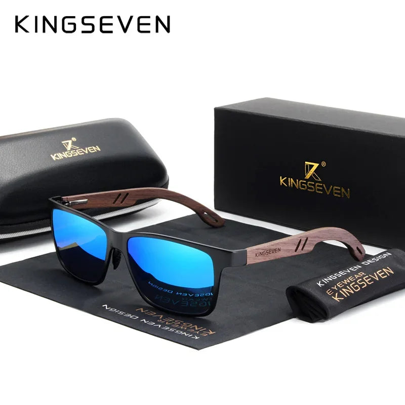 KINGSEVEN Vintage Polarized Men Wooden Sunglasses Wood UV400 Protection Fashion Square Sun Glasses Women Gafas De sol Blue Leather