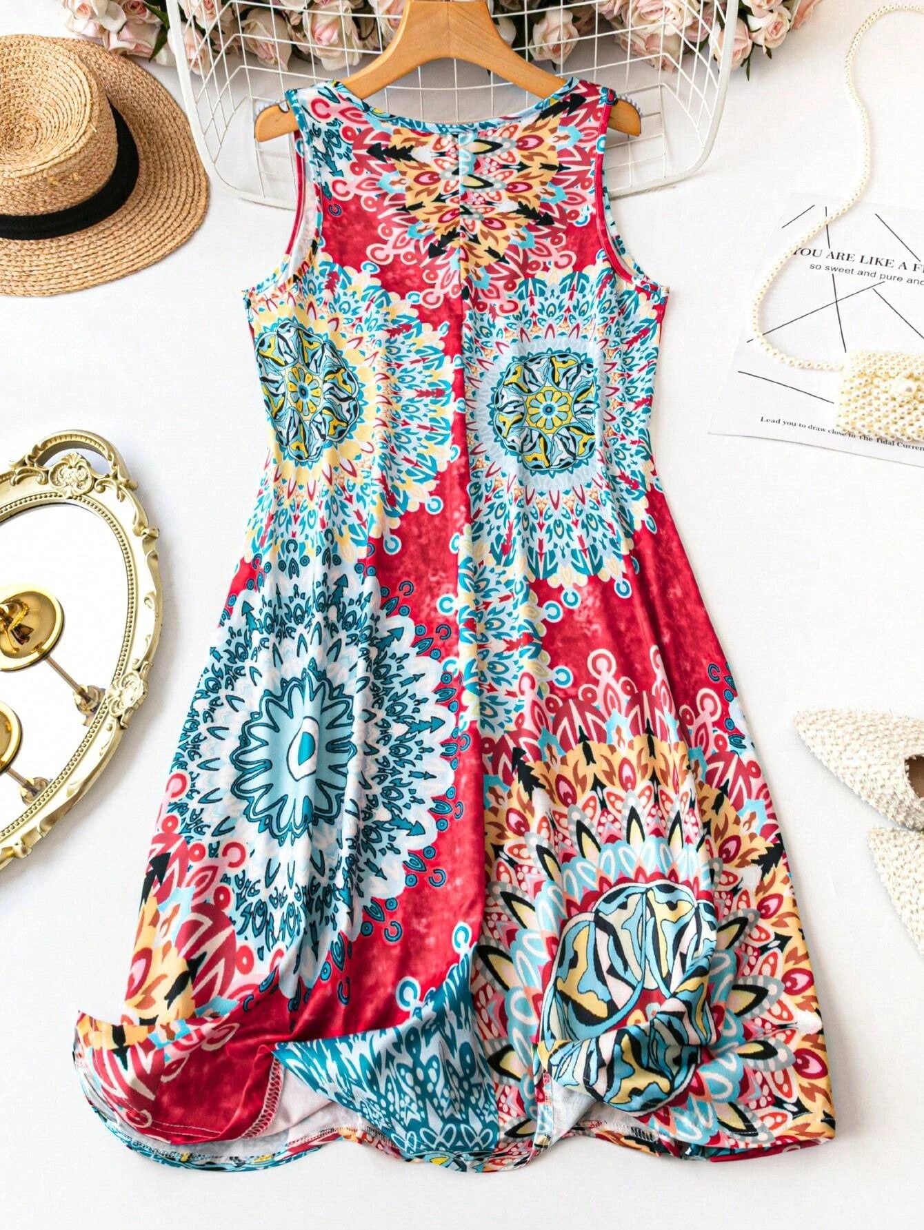 plus Size Printed Casual V-Neck Geometric Pattern Sleeveless Dress for Women