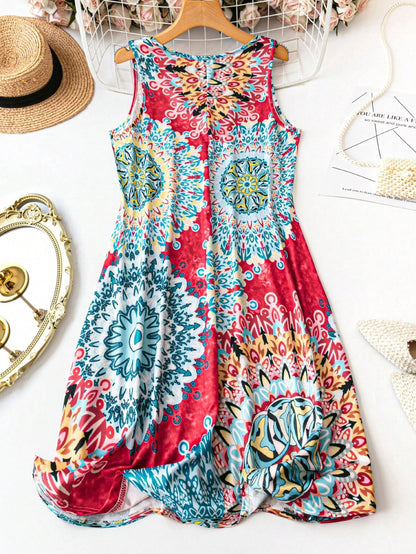 plus Size Printed Casual V-Neck Geometric Pattern Sleeveless Dress for Women