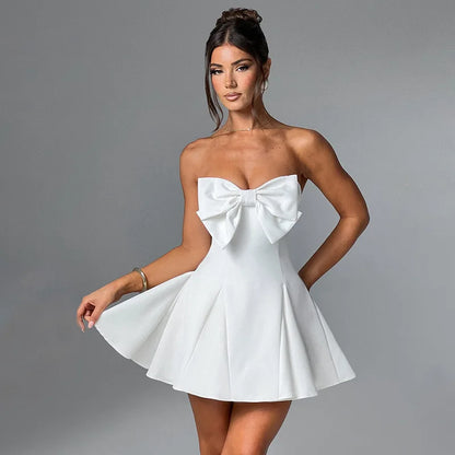 Sexy Strapless Bow Short White Dress Womens Off Shoulder A-line Luxury Black Mini Dresses Elegant Backless Gowns Birthday 2025