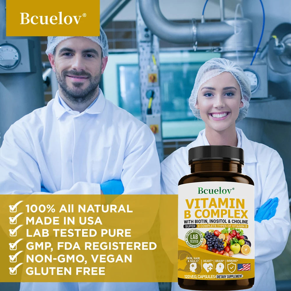 Vitamin B Complex - Contains Biotin, Inositol and Choline - Brain, Skin, Hair, Nervous System, Immunity, Metabolism, Antioxidant