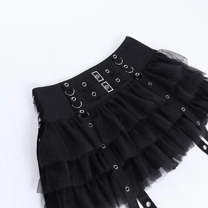 Y2K Street Dark Devil Cloth Strip Pleated Skirt Metallic Buckling Lace Layer Cake Short Skirt Women‘s High-end Design Sex Skirt