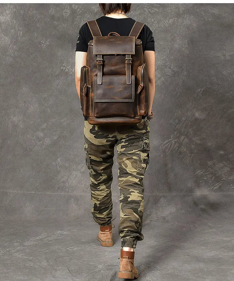 Vintage Crazy Horse Genuine Leather Backpack Men Leather Bagpack Climbing Rucksack male Large Hiking Backpack M814