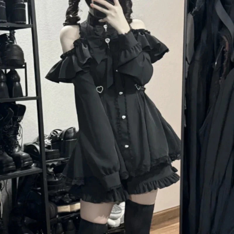 Y2k Aesthetic Lolita Style Bow Dress Shorts Set Japanese Women Gothic Lace Flare Sleeve Button Shirt Dress Punk Party Mini Dress 320