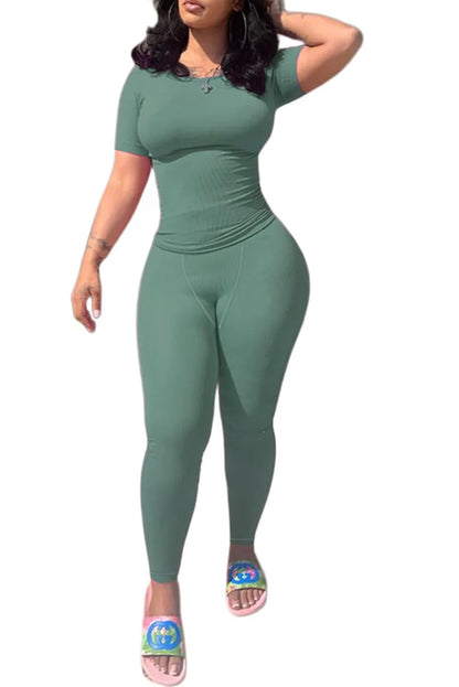 Lounge Wear Ribbed Casual 2 Piece Summer Shorts Set For Women Sleeve Top+Elastic Leggings Outfits green