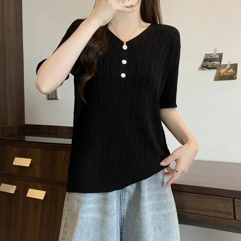 Plus Size Women's Summer New Style Slim Fit Knitted Top Belly Covering T-Shirt for Plump Sister V-Neck Big Code Sweater