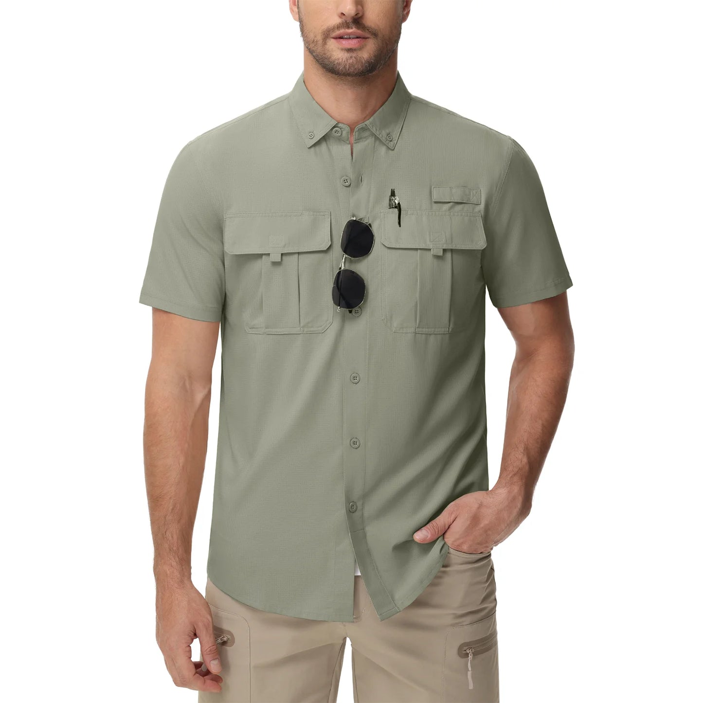 TACVASEN UV Block Fishing Shirts Mens Lightweight Quick Dry Short Sleeve Shirt Breathable Outdoor Hiking Shirt Fishing Shirts Light Grey Green CHINA