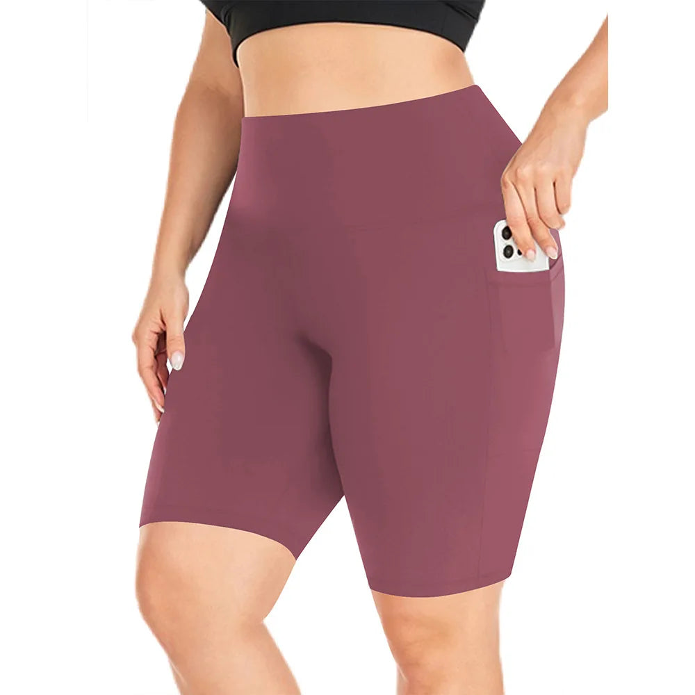 Women's High-Waisted Yoga Shorts Plus Size Workout Leggings with Dual Pockets Stretch European Style Activewear for Gym & Casual Red