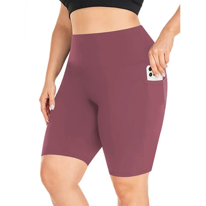Women's High-Waisted Yoga Shorts Plus Size Workout Leggings with Dual Pockets Stretch European Style Activewear for Gym & Casual Red