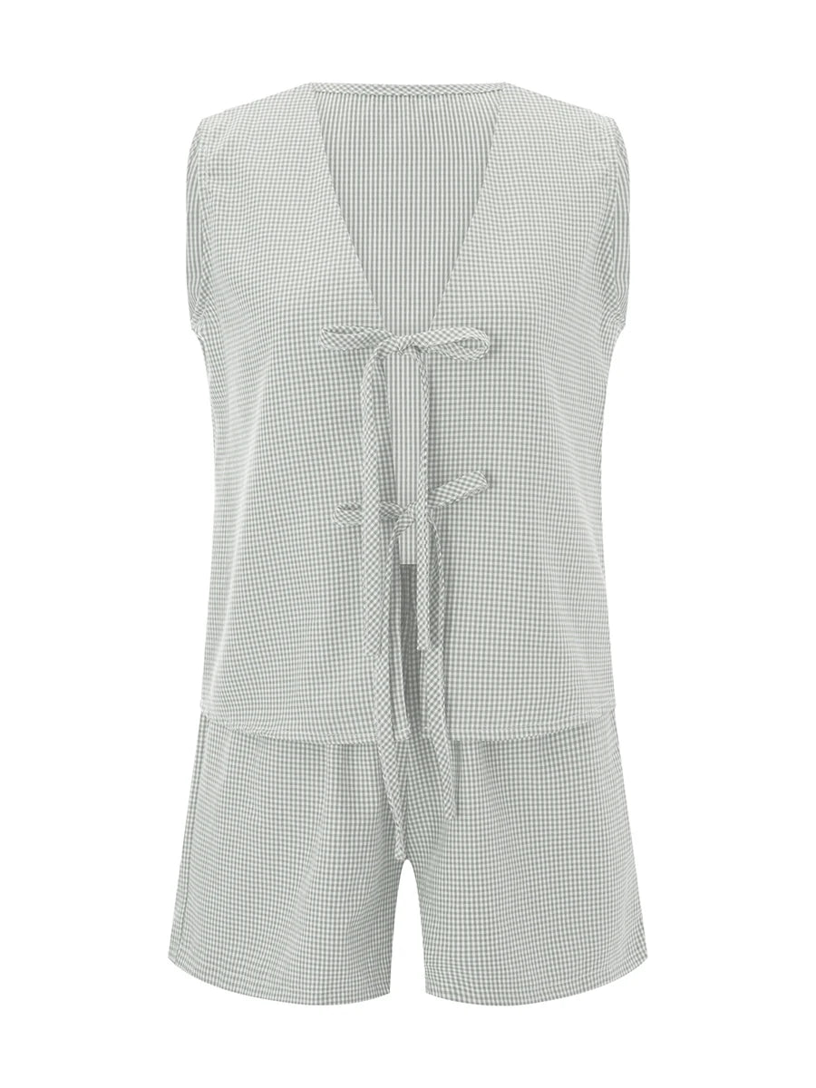 Women 2-Piece Shorts Set Plaid Print Lacing V-Neck Sleeveless Tank Tops Elastic Waistband Shorts Loungewear Outfits green