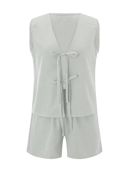 Women 2-Piece Shorts Set Plaid Print Lacing V-Neck Sleeveless Tank Tops Elastic Waistband Shorts Loungewear Outfits green