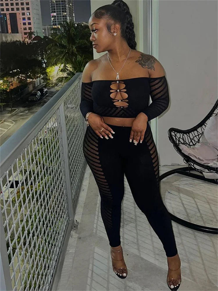 Simenual Baddie Fashion Mesh Tansparent Two Piece Sets Hotsweet Sexy Hollow Out Crop Tops Skinny Pants High Elastic Co Ord Suits
