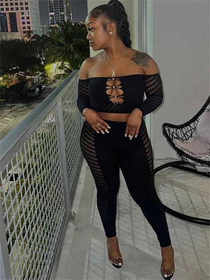 Simenual Baddie Fashion Mesh Tansparent Two Piece Sets Hotsweet Sexy Hollow Out Crop Tops Skinny Pants High Elastic Co Ord Suits