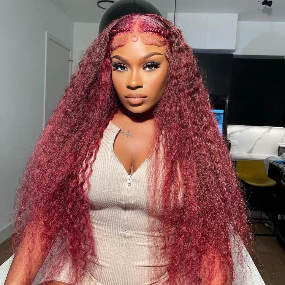 Burgundy Curly 13x6 Hd Lace Frontal Wig Human Hair 100% Brazilian 13x4 Water Deep Wave 99J Red Colored Wig For Women 30 36 Inch