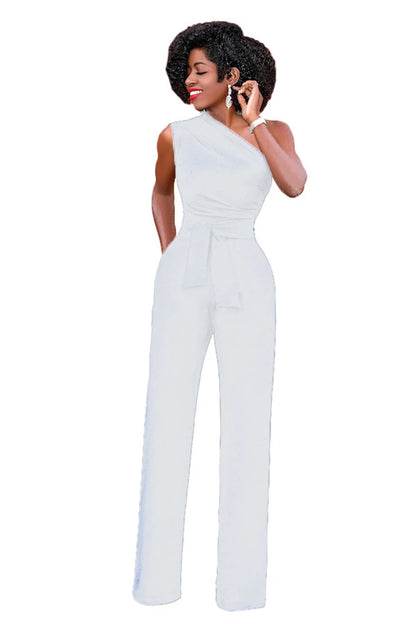 Sexy One Shoulder Rompers Womens Jumpsuit Summer Sleeveless Belt Wide Leg Elegant Lady New Size Bodycon Jumpsuits White Black Badiee Stylez