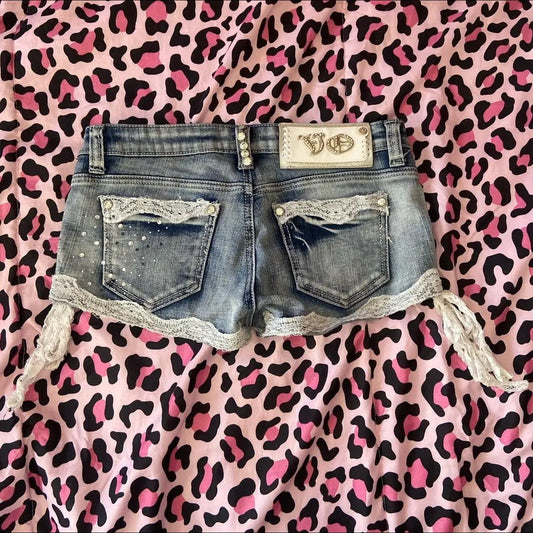 Y2K Womens Casual Retro Harajuku Gothic Punk Shorts Fashionable Trendy Lace Spliced jeans Sexy Slim Strap Low Waist Shorts