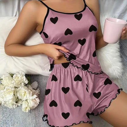 Womens Sexy Heart Print Pajama Set Cami Top Lettuce Trim Shorts Two Piece Sleepwear Loungewear Spaghetti Strap Contrast Trim