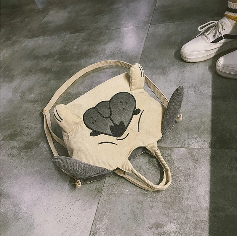 Cute Animal Handbags For Women Casual Travel Large Capacity Totes Shoulder Bags Pug Dog Corduroy Messenger Bag Feminine Bolsas