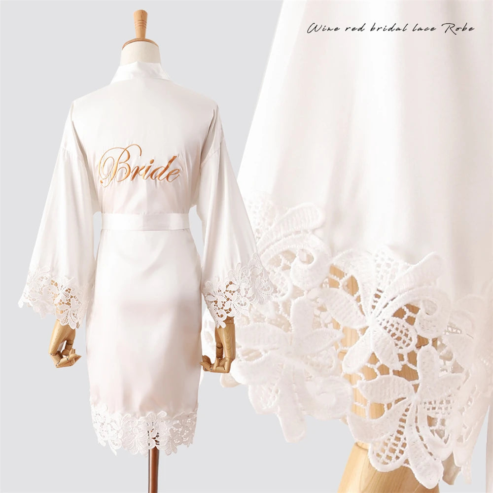 Wedding Embroidery Bride Bridesmaid Kimono Dresses Lace Gown Sexy Women Robes Home Gown Bathrobe Short Night Shirts Sleepwear1PC Bride White