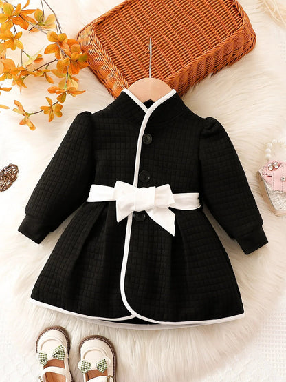 Baby Girls Fashion Autumn And Winter Thermal Belted Dress Set Princess Coat Classic Black And White Color Contrast Cardigan Badiee Stylez