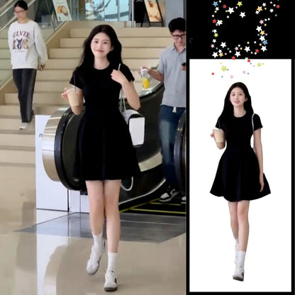 Women's Petite Black Summer Dress Round Collar Short Sleeve Slimming A-Line Mini Streetwear French Elegant LBD for Juniors