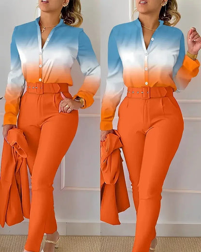 Women's Shirt 2 Pieces Suit Set 2024 Fall Print V Neck Long Sleeve Top Casual High Waist Pockets Work Female Clothes Pants Set