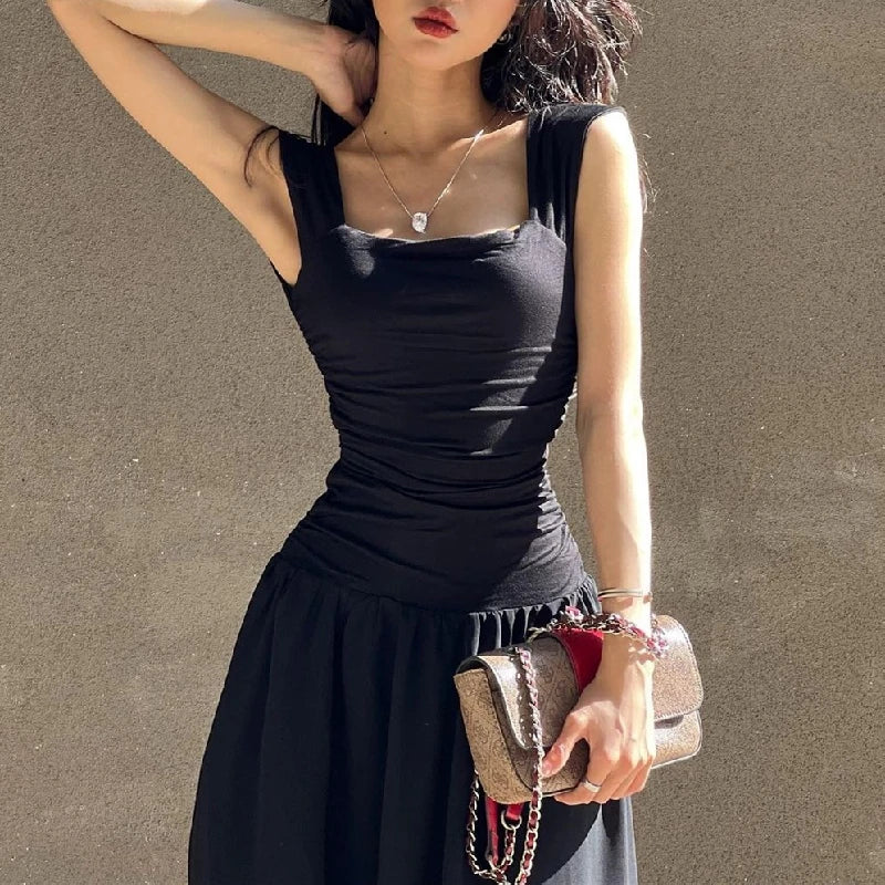 WhereMery Elegant Slip Long Dresses Sexy Women Ruched Bodycon Solid Maxi Dress Spring Y2K Summer Temperament High-waist Vestidos black