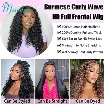 300% Density Burmese Curly Human Hair Wigs 13x4 13x6 HD Full Lace Frontal Wig 100% Human Hair Wigs with Spiral End Natural Black Badiee Stylez