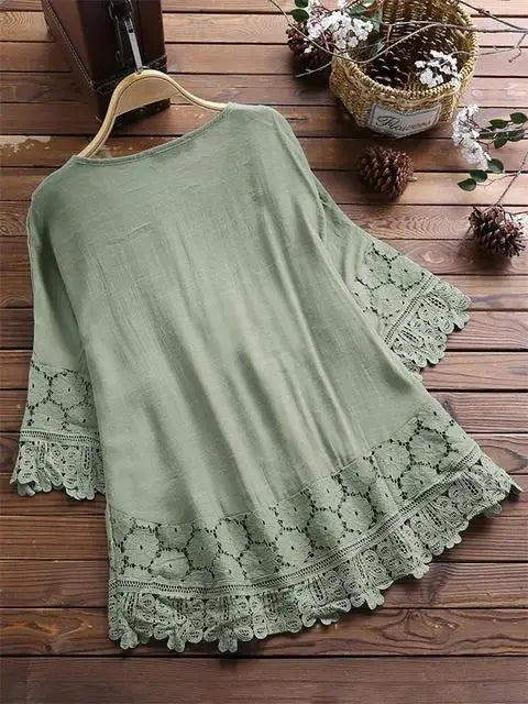 Summer Women Casual Solid Tops Shirt Cotton And Linen Stitching Lace Flower V-neck Loose Top Blouse New Elegant Holiday Shirts