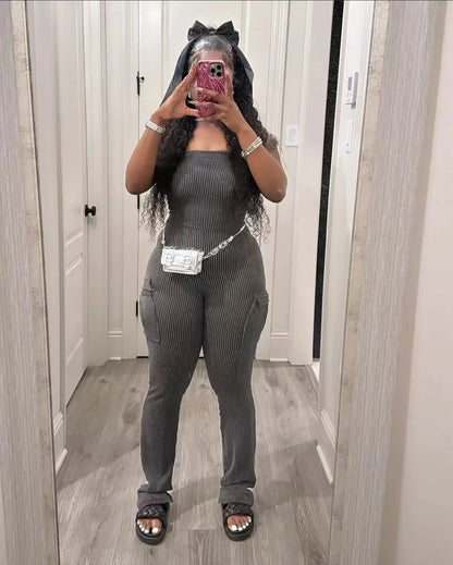 XIZOU Elegant Off Shoulder Strapless Knitted Pockets Girl Jumpsuits Women's Fitted Overalls Outfits Night One Piece Rompers Dark Gray