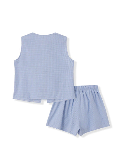 Women 2-Piece Shorts Set Plaid Print Lacing V-Neck Sleeveless Tank Tops Elastic Waistband Shorts Loungewear Outfits