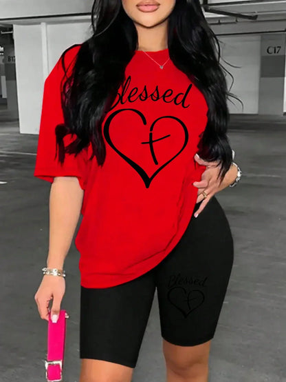 Black Line Heart Pattern Print Two Piece Set Machine Washable Basics For Women Short Sleeve Suit Casual Breathable Shorts Sets Badiee Stylez