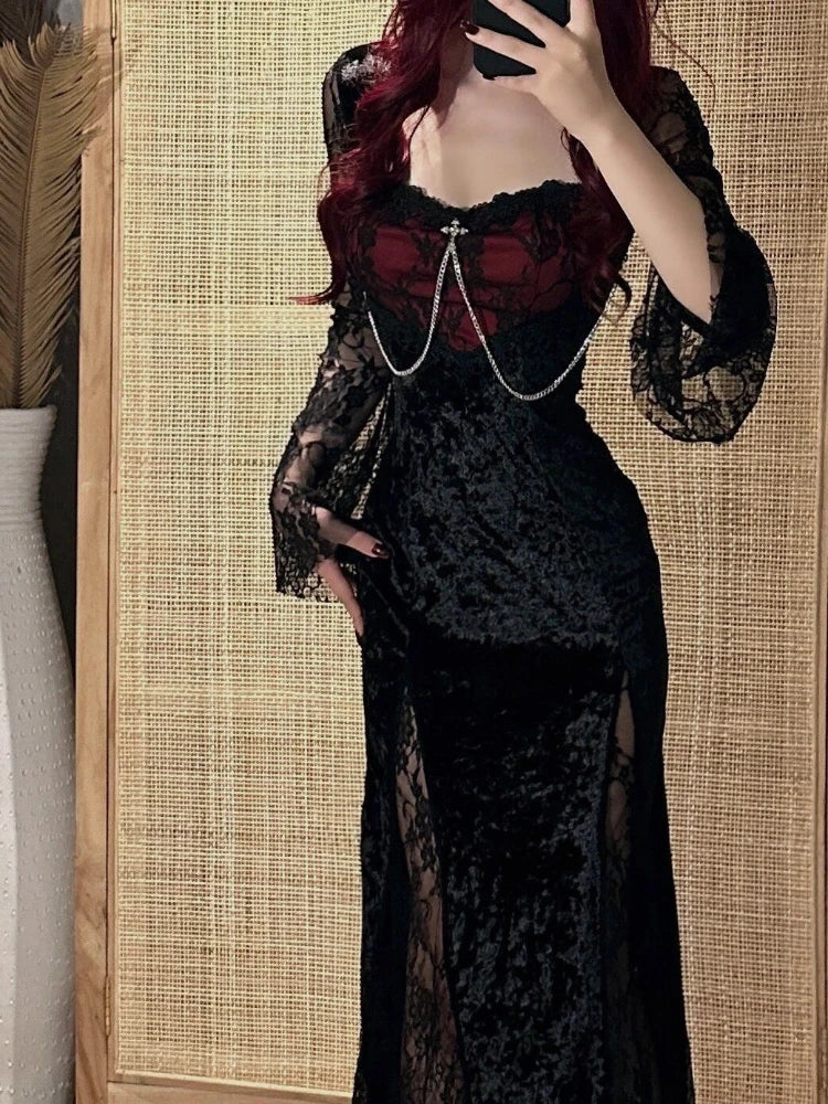 Summer Gothic Grunge Y2k Lace Dress Women Dark Academia Sexy Slim Party Dresses Korean Fashion Design Festival Long Prom Dress