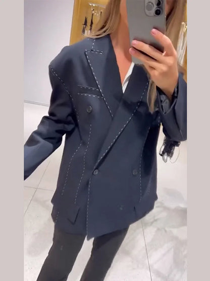 Casual Women's Blazer Pant Suits Loose Lapel Doube-Breasted Top Straight Pants Lady Set 2025 Autumn New 2 Pieces Sets Women Badiee Stylez