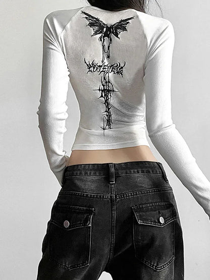 Y2K T Shirts Vintage Women O-neck Tee Long Sleeve Grunge Print Casual Crop Tops Female Graphic Korean Fashion Crop Tops EMO