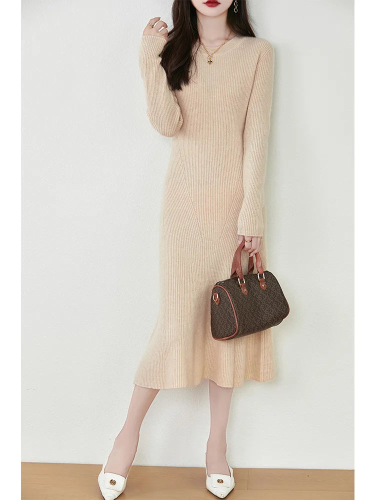 Women's Pure Wool Knitted Long Dress, Round Neck, Fishtail Skirt, Slim, Elegant, Casual, Fashionable, Sweater, 2024Autumn/Winter Badiee Stylez