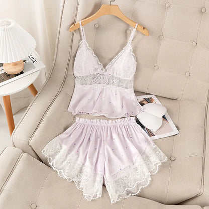 Summer Print Pyjamas Suit Women Sleepwear Lace Hollow Out Pajamas Set Sexy Strap Top&Shorts PJS Lingerie Satin Homewear Style-1