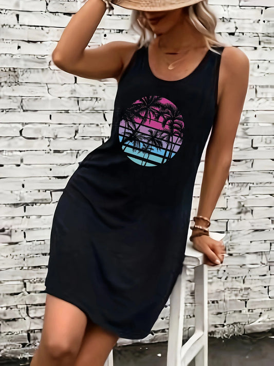 Women's Summer Sleeveless Tank Top Dress Sexy Women's summer loose sleeveless short mini dress with black print