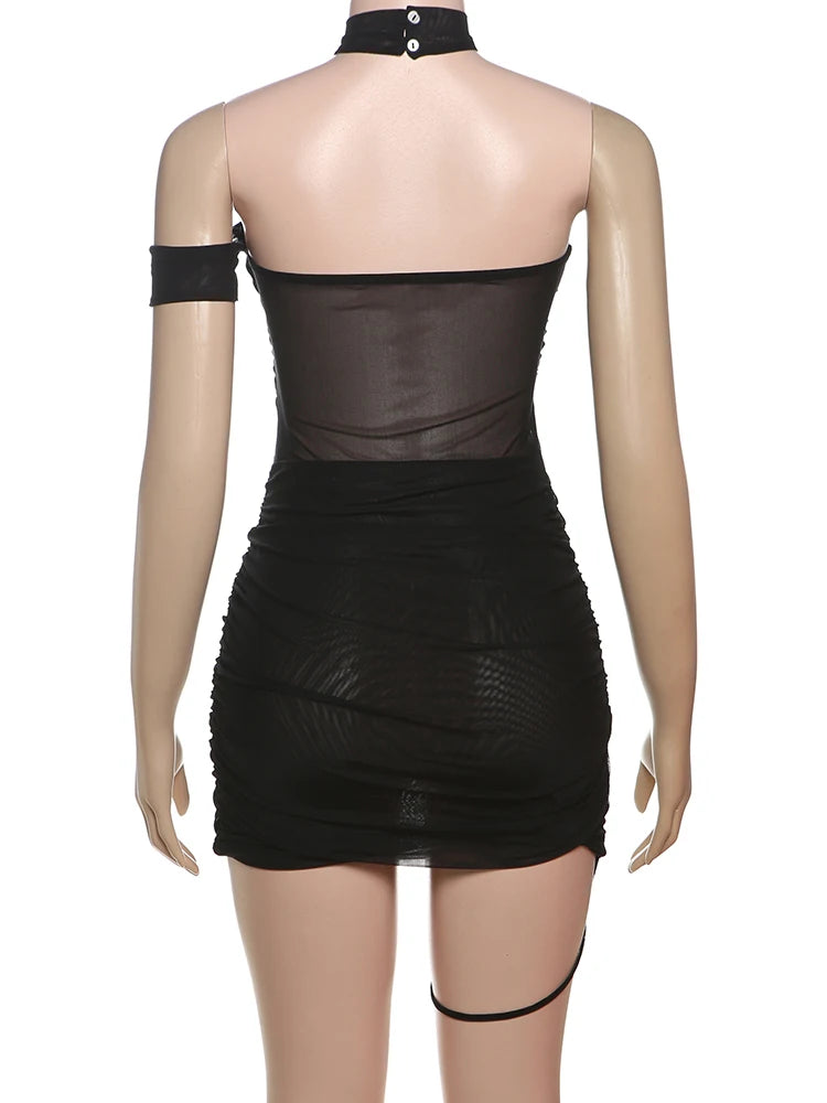 Weird Puss See Through Sexy Dress Women Y2K Cross Bandage Backless Halter Sleeveless Summer Trend Midnight Clubwear Mini Bodycon