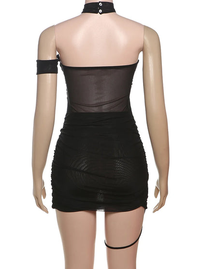 Weird Puss See Through Sexy Dress Women Y2K Cross Bandage Backless Halter Sleeveless Summer Trend Midnight Clubwear Mini Bodycon