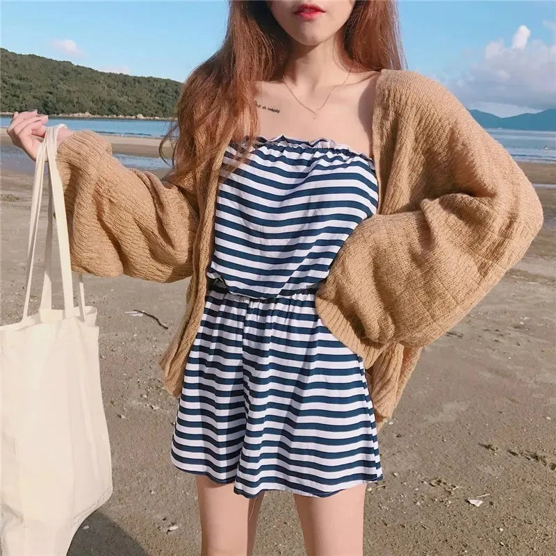 Knitted Cardigan for Women Summer Oversized Knit Loose Coat Sweater Korean Top Solid Cropped Cardigan Y2k Sweater Beach Blouses