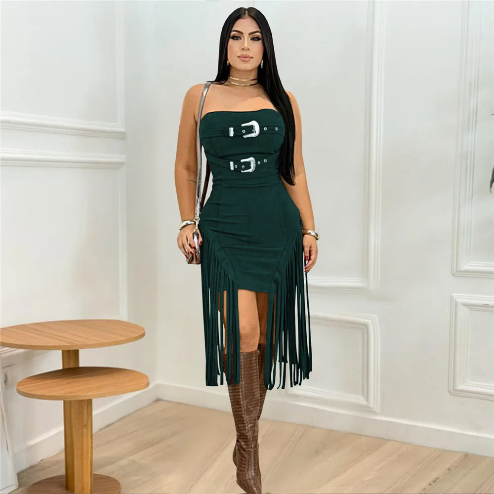RLMABABY Sexy Strapless Tassel Bodycon Mini Dress Women Gown Slim Backless Sleeveless Metal Buckle Club Party Sheath Short Dress