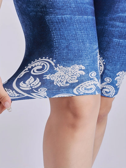 3 Piece Set Of Lmitation Denim Leggings For Women Butterfly Waist Fruit Flower Elastic Shorts High Waist Casual